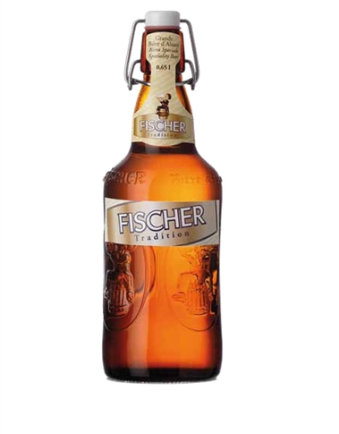 Prodotta dal 1821 dalla Brasserie Fischer, questa birra rispecchia la
tradizione anche nel suo essere speciale: il birrificio risulta infatti
un’istituzione fra i molti di strasburgo. La nobiltà del prodotto trova
espressione nella caratteristica forma della bottiglia e nell’originale
tappo in porcellana. Si abbina con antipasti in generale anche con
grasso abbastanza percettibile. Primi piatti a base di cereali o
pasta, con condimenti di carne, olio. Formaggi a pasta semicotta di
media stagionatura. FISHER