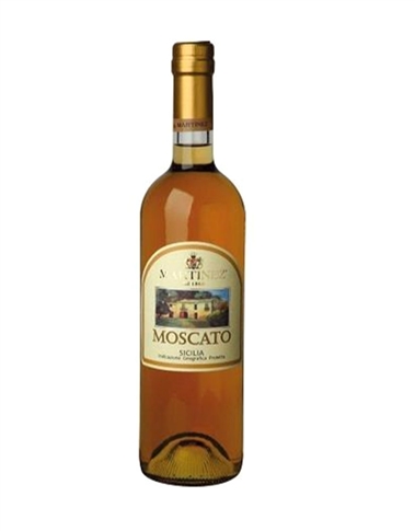 Vino Moscato Liquoroso. Ottimo vino da accompagnare a frutta secca e biscotti.  Prodotto con uve del vitigno Moscato di Alessandria, portato in Sicilia dai Fenici, il Moscato Martinez è un vino da dessert da servire fresco.   Bottiglia da 75 cl MARTINEZ