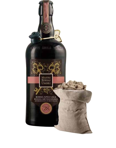 Birra artigianale rifermentata in bottiglia, prodotta con il metodo
dell’alta fermentazione, a partire da malti d’orzo e luppoli selezionati
si presenta di un colore ramato carico, velato da una lieve
torbidità che testimonia l’artigianalità del processo produttivo, una
schiuma fine e persistente. L’aroma è caratterizzato dalle note di
malto, caramello, ben bilanciate dall’aroma tipico del luppolo
aromatico. All’assaggio si distingue per il suo gusto rotondo,
risultato di un equilibrio fra la dolcezza tipica dei malti speciali
utilizzati ed una gradevole amarezza che la rendono una birra a tutto
pasto.
L’artigianalità della produzione, il metodo dell’alta fermentazione,
la non filtrazione e la non pastorizzazione possono creare un
sedimento sul fondo della bottiglia. MASTRI BIRRAI UMBRI