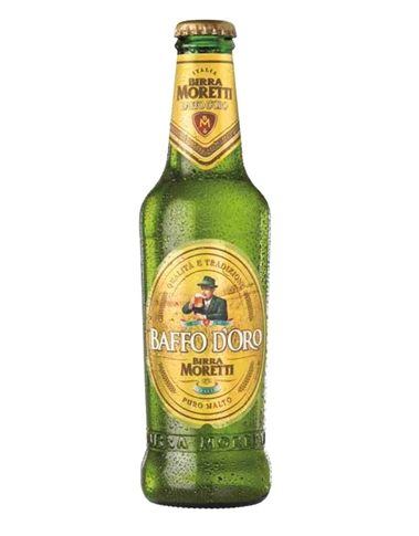 Nata dalla grande tradizione birraria italiana, Birra Moretti Baffo
d’Oro è una Premium 100% di puro malto. Per produrla viene impiegato
unicamente puro malto d’orzo proveniente da varietà selezionate,
senza l’ausilio di nessun altro cereale. Il risultato è una birra
dalla gradazione alcolica pari a 4,8 gradi caratterizzata da un colore
oro vivo, dal quale deriva il nome. Birra Moretti Baffo d’Oro con il
suo gusto ricco ed equilibrato, con sentori di malto, cereali e crosta
di pane è la birra ideale per accompagnare molti piatti della cucina
italiana di alta qualità. MORETTI