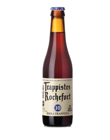 La meraviglia delle birre prodotte dai monaci dell'Abbazia de St.
Remy de Rochefort. La 10 presenta un aroma fortemente fruttato
con chiare note di pera, banana e radici e un finale di cioccolato
fondente dalle note maltate e amare al contempo. L'intensità
olfattiva è molto elevata ed il gusto deciso ed avvolgente. ROCHEFORT