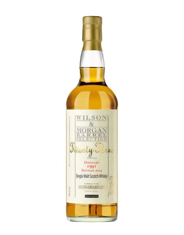 Particolarmente complesso e raffinato Bunnahabhain 23 yo è uno degli whiskies  più delicatamente aromatici tra quelli prodotti dalla Wilson & Morgan. Al naso non c'e' una prevalenza del profumo di sherry ma note di pere mature, mele, semi di anice. Al palato gusto minerale, con note di scorza d'arancia candita e semi di anice. I tannini del rovere sono appena accennati, con sensazioni mielate e floreali. Finale  pepato e caldo.  BUNNAHABHAIN